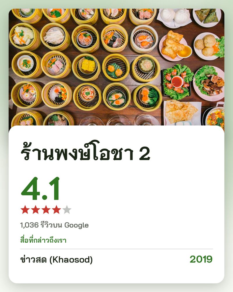 ร้านพงษ์โอชา 2 · Google 4.1 ★ · 1,036 รีวิวบน Google · สื่อที่กล่าวถึงเรา: ข่าวสด (Khaosod) 2019